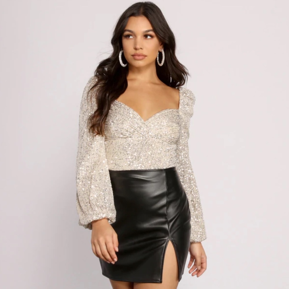 Sequin Bodysuit with Long Puff Sleeves